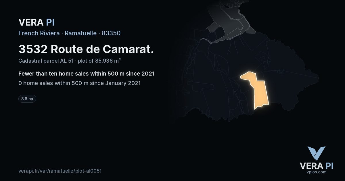 3532 Route de Camarat, Ramatuelle at night – the plot lit, the parcels around coloured by the prices near them