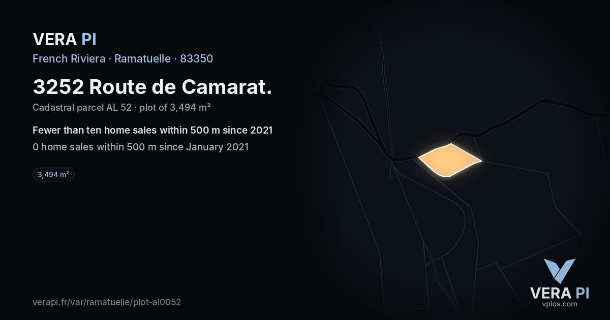 3252 Route de Camarat, Ramatuelle at night – the plot lit, the parcels around coloured by the prices near them