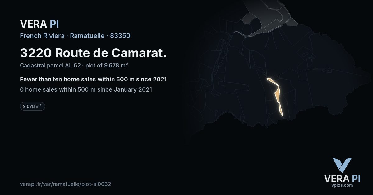 3220 Route de Camarat, Ramatuelle at night – the plot lit, the parcels around coloured by the prices near them
