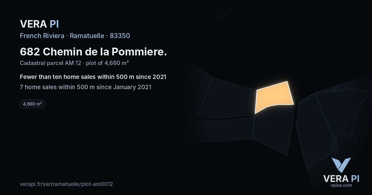 682 Chemin de la Pommiere, Ramatuelle at night – the plot lit, the parcels around coloured by the prices near them
