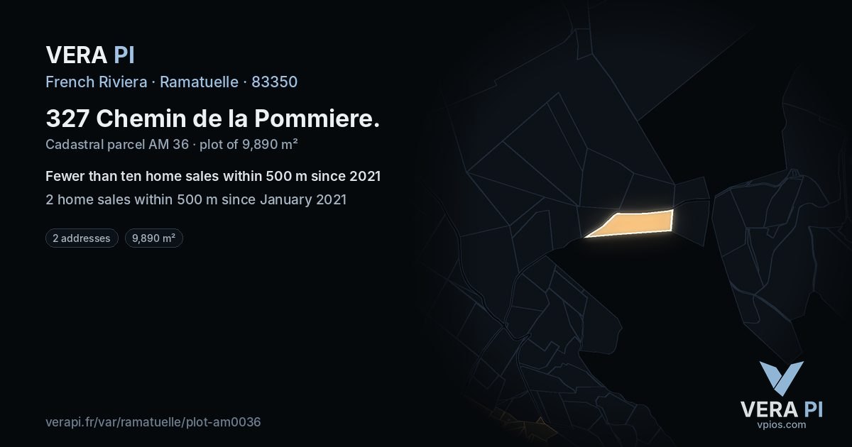 327 Chemin de la Pommiere, Ramatuelle at night – the plot lit, the parcels around coloured by the prices near them