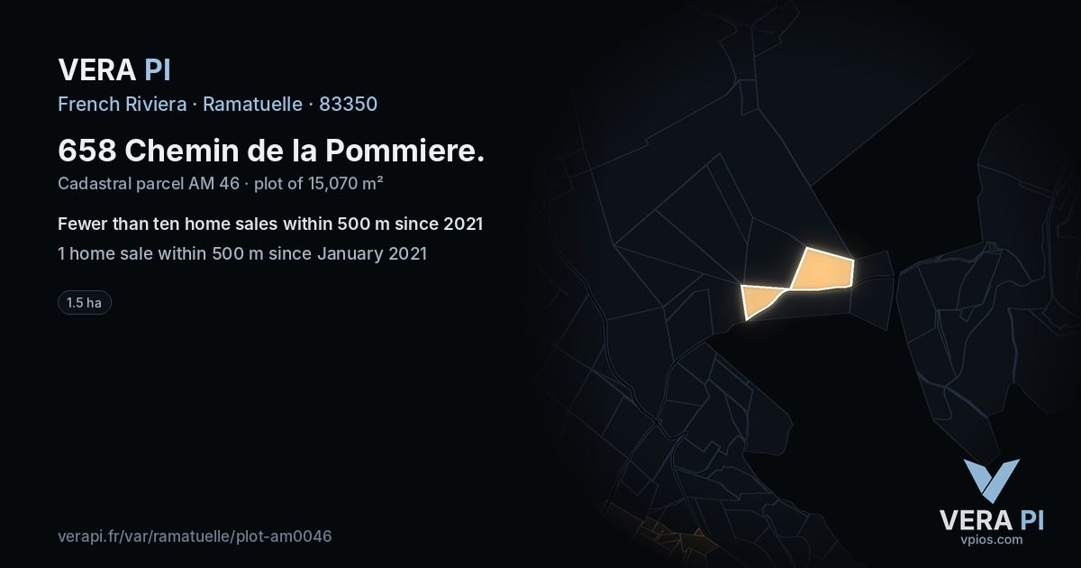658 Chemin de la Pommiere, Ramatuelle at night – the plot lit, the parcels around coloured by the prices near them