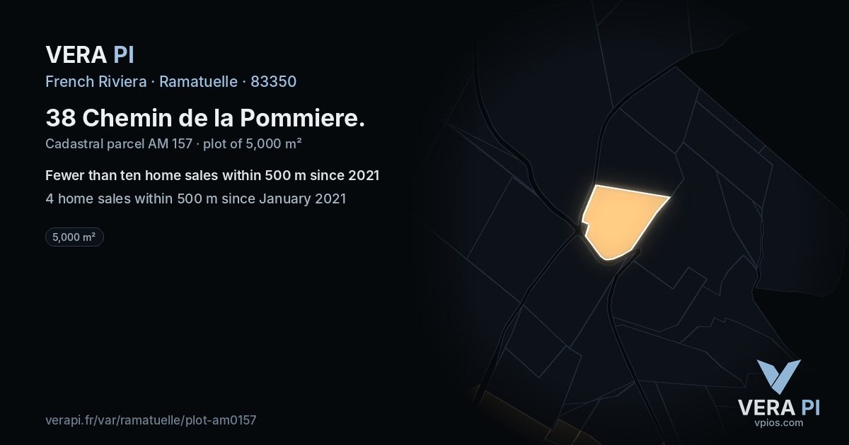 38 Chemin de la Pommiere, Ramatuelle at night – the plot lit, the parcels around coloured by the prices near them