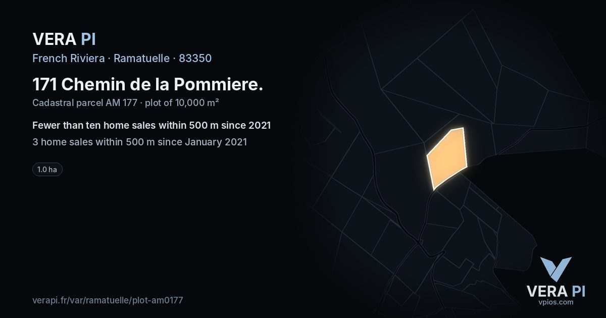 171 Chemin de la Pommiere, Ramatuelle at night – the plot lit, the parcels around coloured by the prices near them