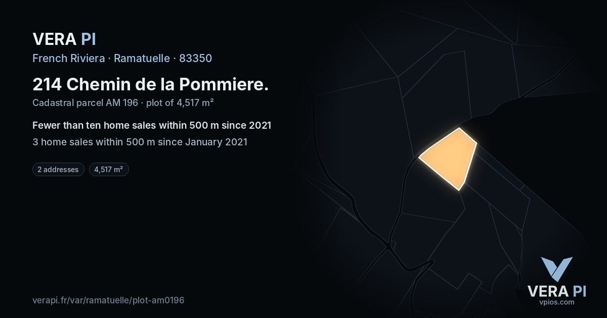 214 Chemin de la Pommiere, Ramatuelle at night – the plot lit, the parcels around coloured by the prices near them