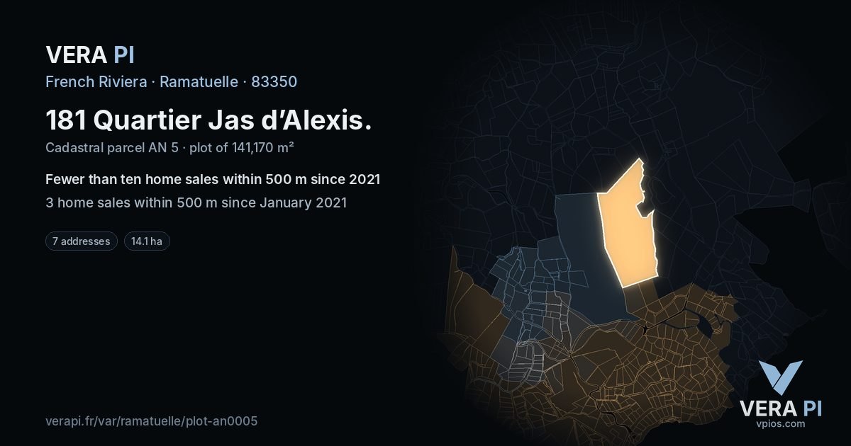 181 Quartier Jas d’Alexis, Ramatuelle at night – the plot lit, the parcels around coloured by the prices near them