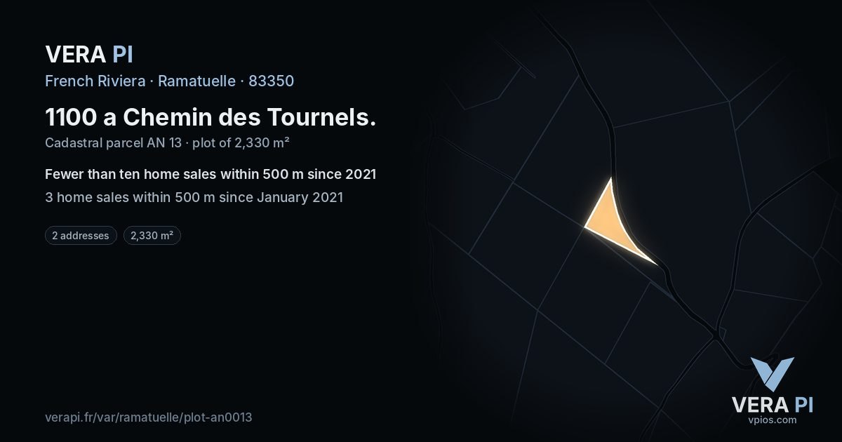 1100 a Chemin des Tournels, Ramatuelle at night – the plot lit, the parcels around coloured by the prices near them