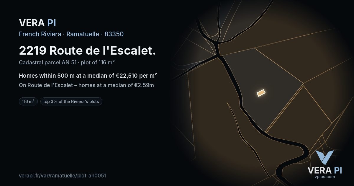 2219 Route de l'Escalet, Ramatuelle at night – the plot lit, the parcels around coloured by the prices near them