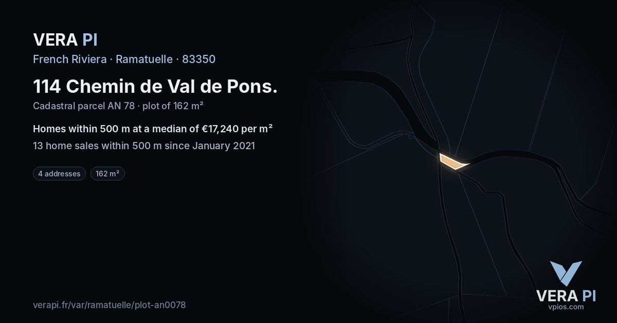 114 Chemin de Val de Pons, Ramatuelle at night – the plot lit, the parcels around coloured by the prices near them
