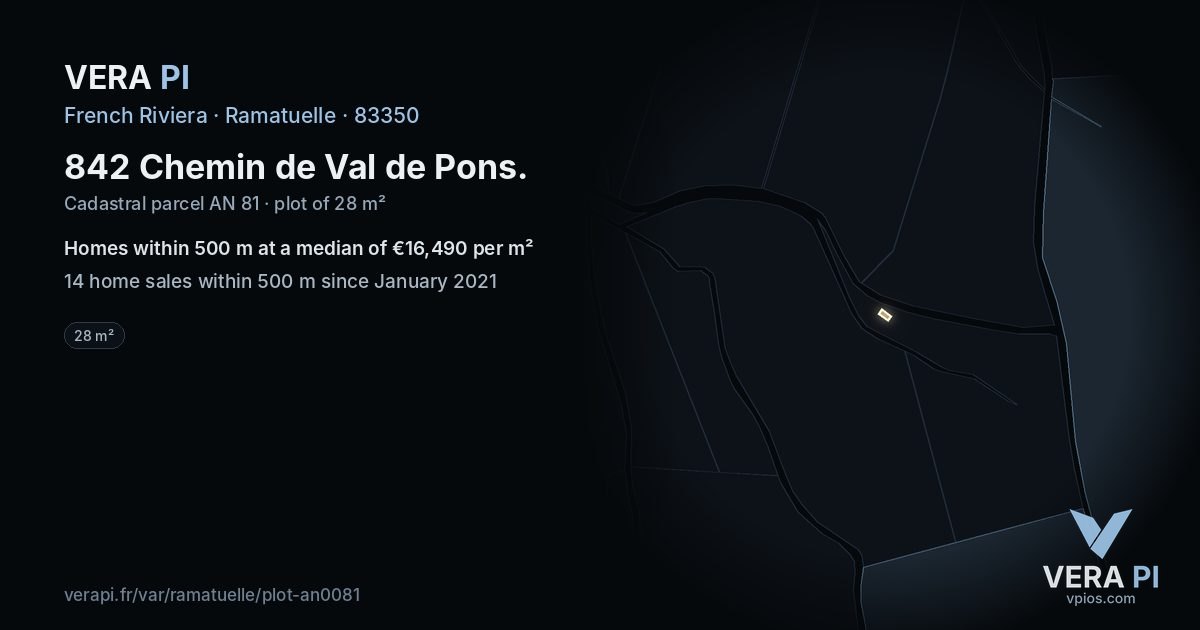 842 Chemin de Val de Pons, Ramatuelle at night – the plot lit, the parcels around coloured by the prices near them