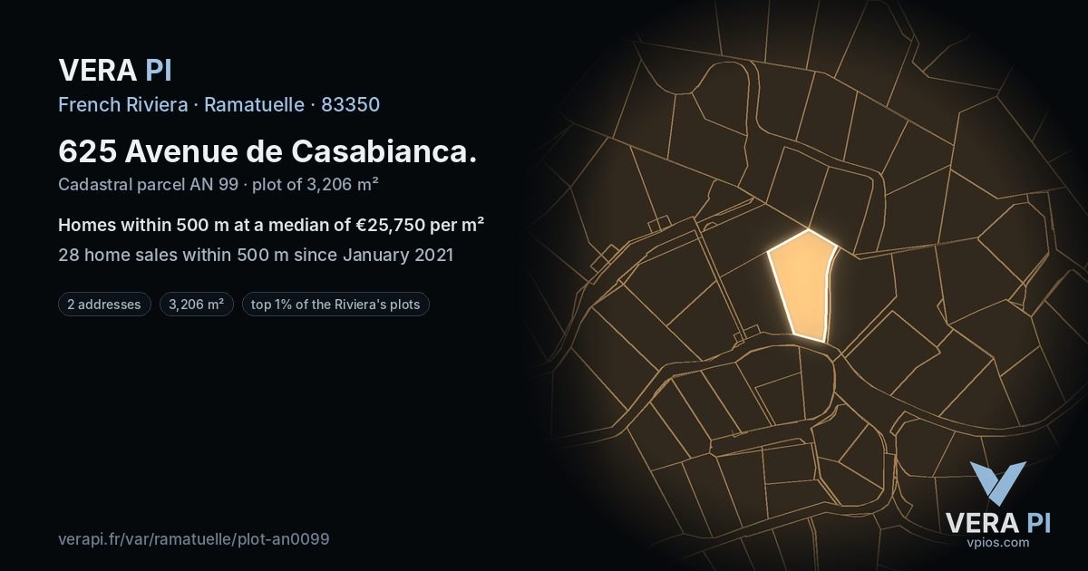 625 Avenue de Casabianca, Ramatuelle at night – the plot lit, the parcels around coloured by the prices near them