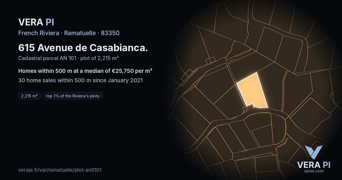 615 Avenue de Casabianca, Ramatuelle at night – the plot lit, the parcels around coloured by the prices near them