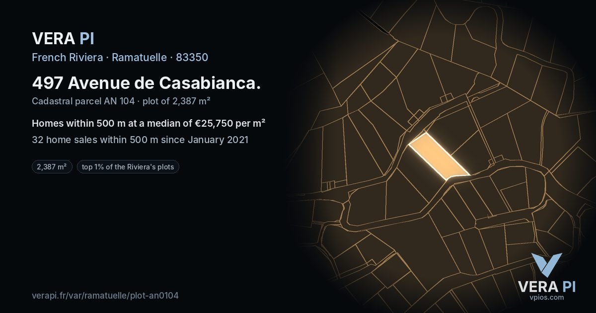 497 Avenue de Casabianca, Ramatuelle at night – the plot lit, the parcels around coloured by the prices near them
