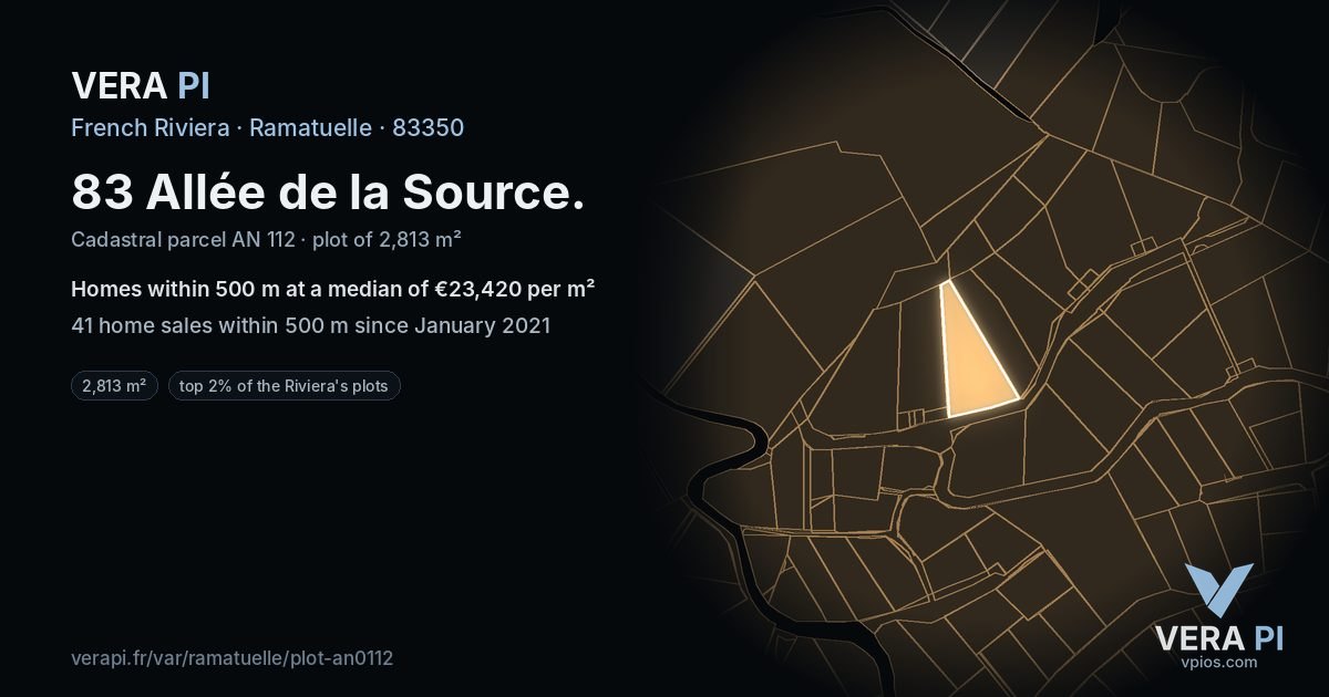 83 Allée de la Source, Ramatuelle at night – the plot lit, the parcels around coloured by the prices near them