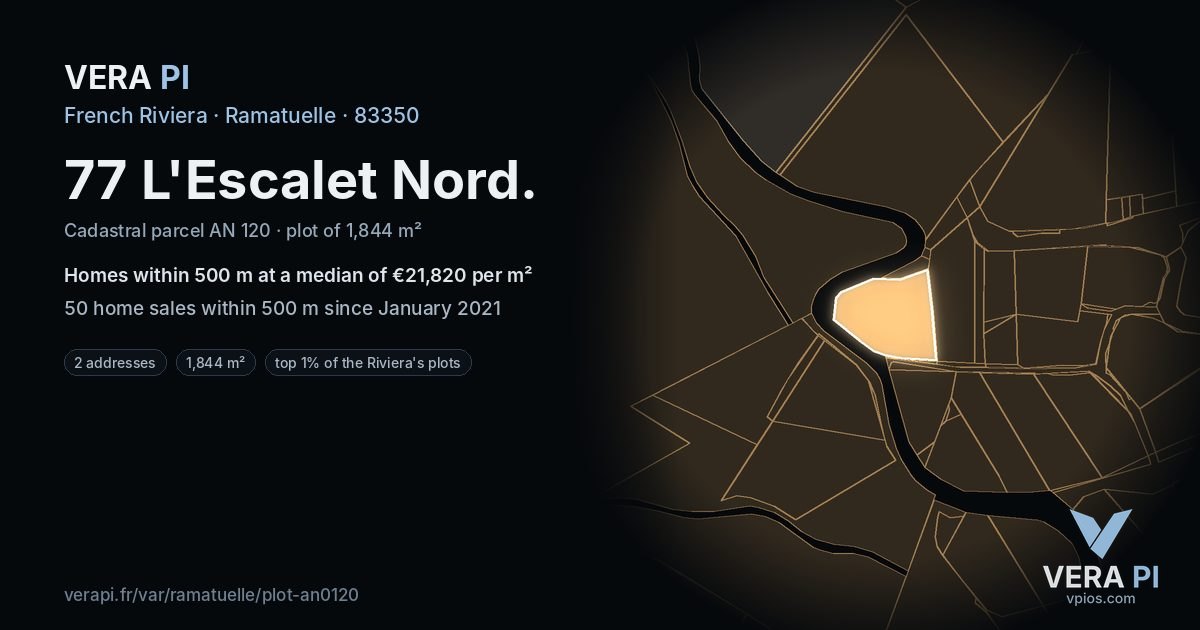 77 L'Escalet Nord, Ramatuelle at night – the plot lit, the parcels around coloured by the prices near them
