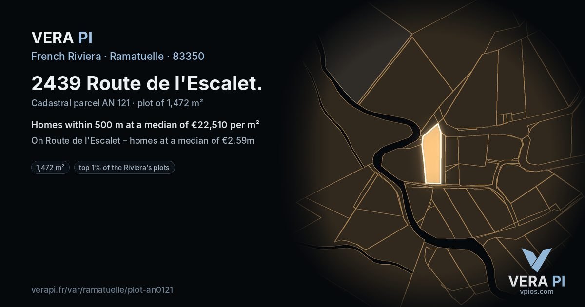 2439 Route de l'Escalet, Ramatuelle at night – the plot lit, the parcels around coloured by the prices near them