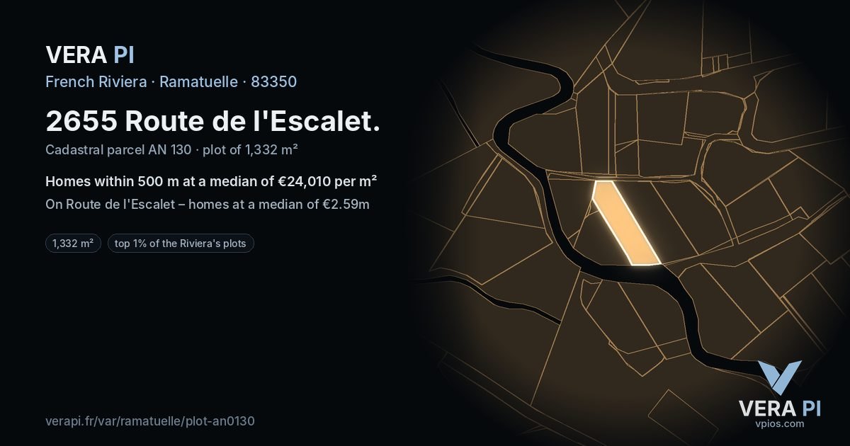 2655 Route de l'Escalet, Ramatuelle at night – the plot lit, the parcels around coloured by the prices near them