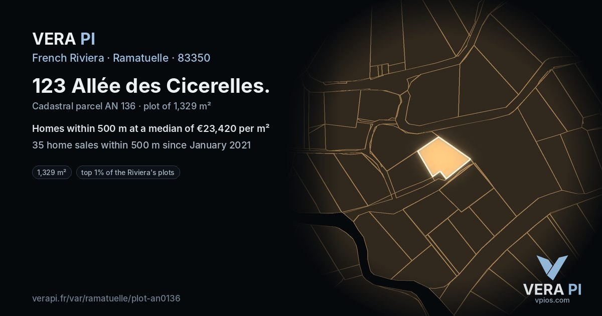 123 Allée des Cicerelles, Ramatuelle at night – the plot lit, the parcels around coloured by the prices near them