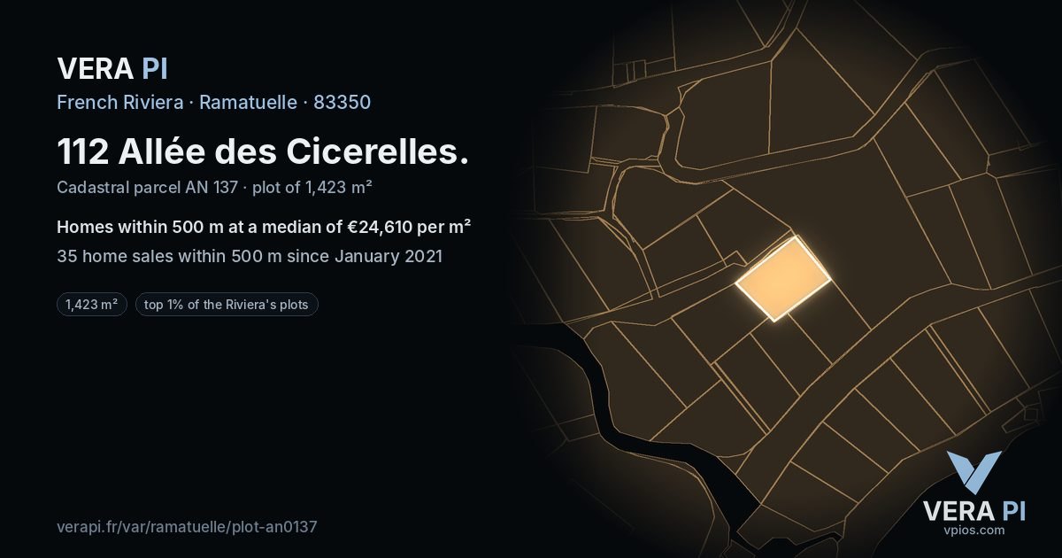 112 Allée des Cicerelles, Ramatuelle at night – the plot lit, the parcels around coloured by the prices near them