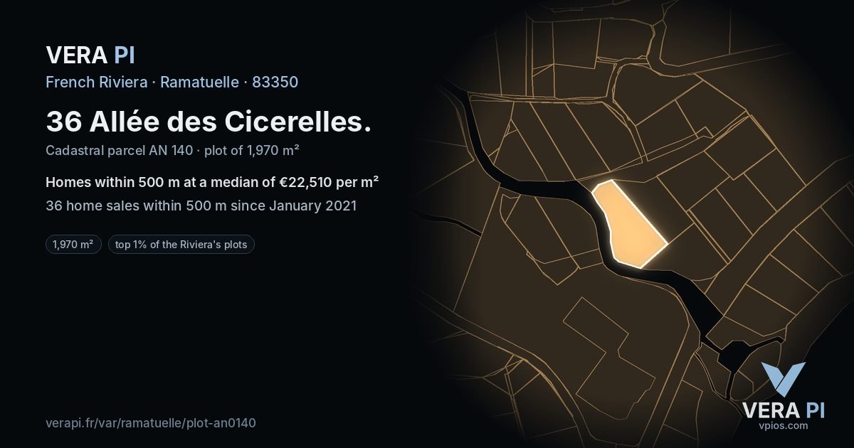 36 Allée des Cicerelles, Ramatuelle at night – the plot lit, the parcels around coloured by the prices near them