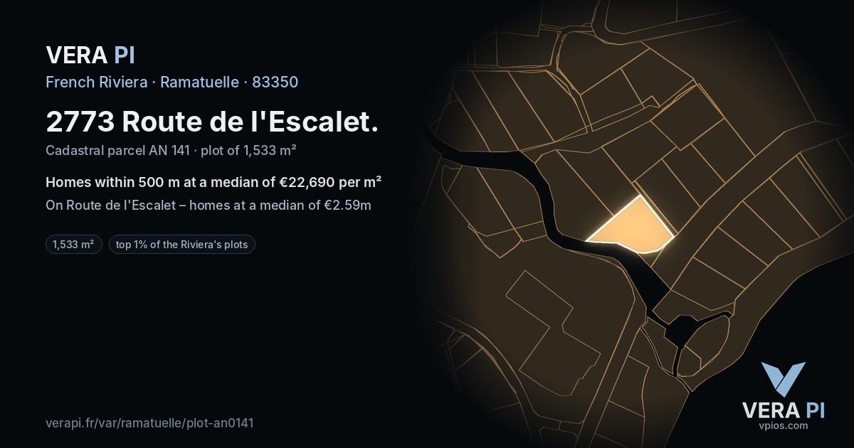 2773 Route de l'Escalet, Ramatuelle at night – the plot lit, the parcels around coloured by the prices near them