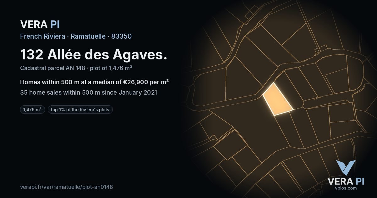 132 Allée des Agaves, Ramatuelle at night – the plot lit, the parcels around coloured by the prices near them