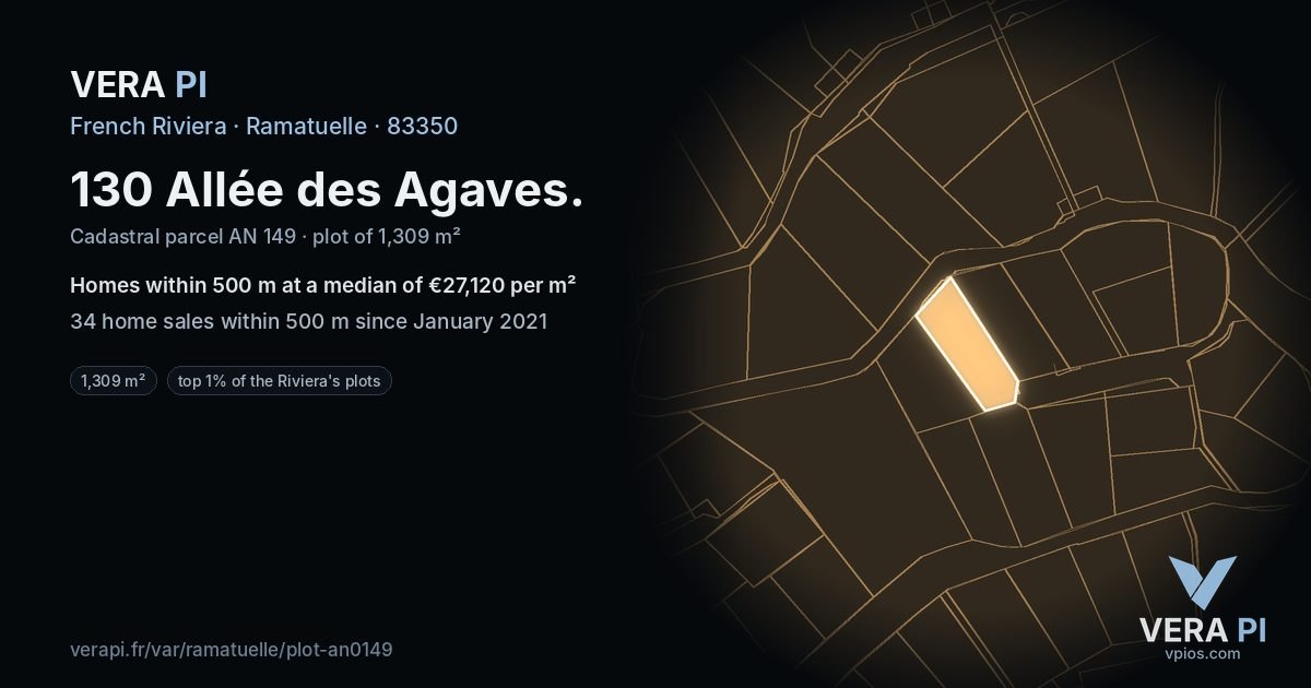 130 Allée des Agaves, Ramatuelle at night – the plot lit, the parcels around coloured by the prices near them