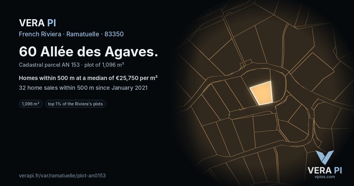 60 Allée des Agaves, Ramatuelle at night – the plot lit, the parcels around coloured by the prices near them
