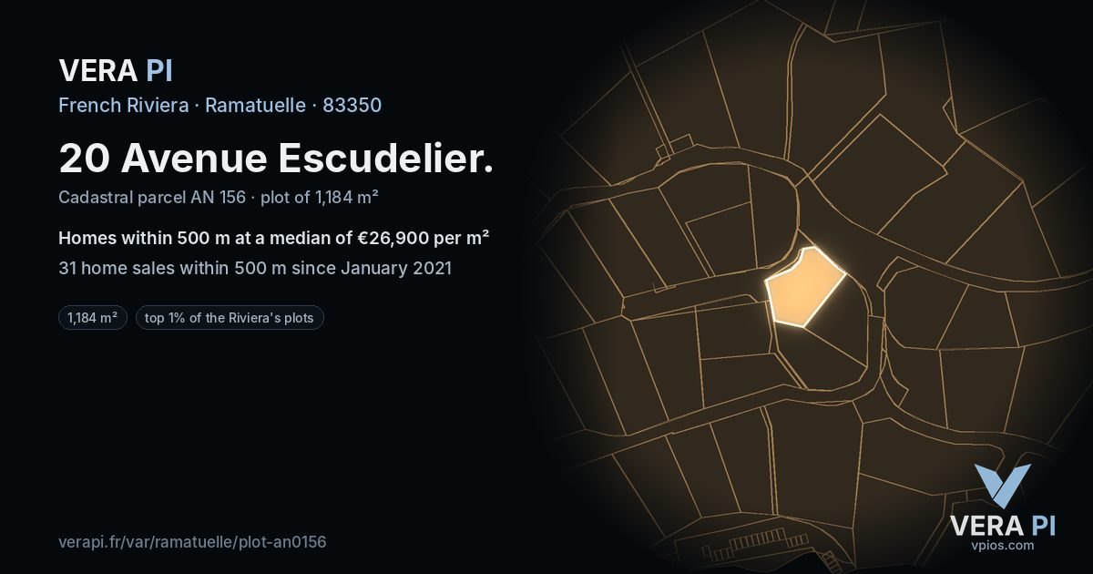 20 Avenue Escudelier, Ramatuelle at night – the plot lit, the parcels around coloured by the prices near them