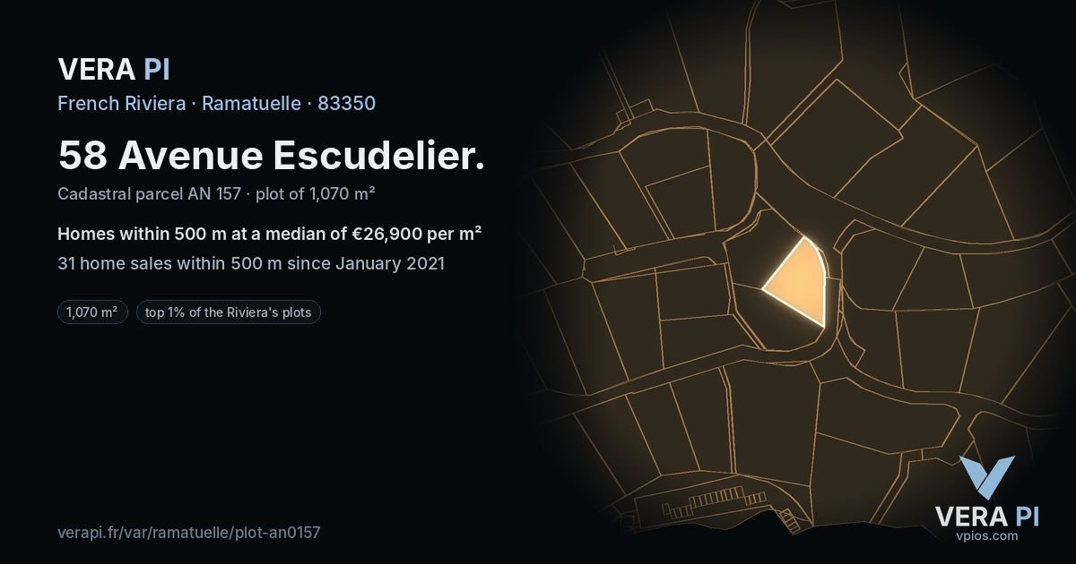 58 Avenue Escudelier, Ramatuelle at night – the plot lit, the parcels around coloured by the prices near them