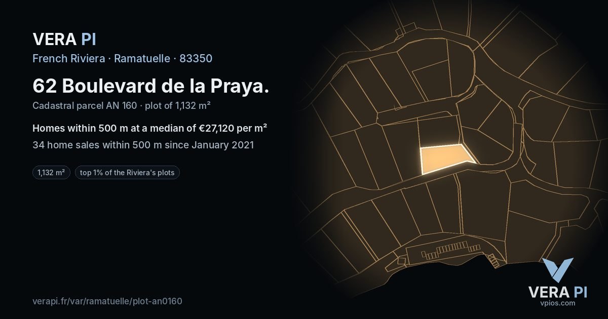 62 Boulevard de la Praya, Ramatuelle at night – the plot lit, the parcels around coloured by the prices near them