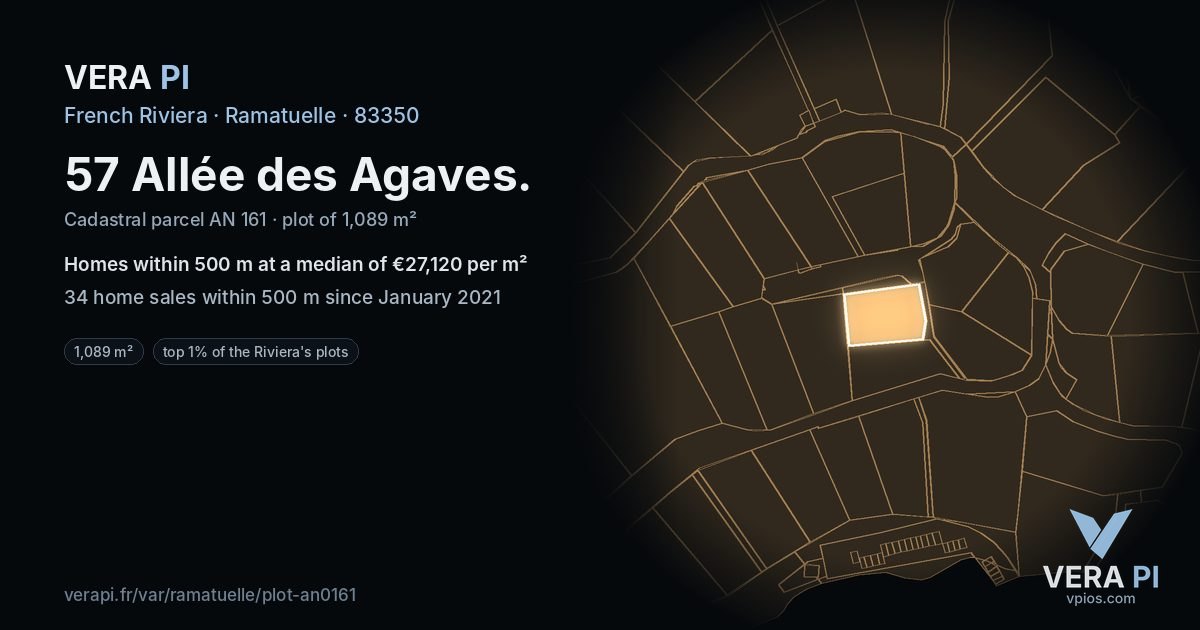 57 Allée des Agaves, Ramatuelle at night – the plot lit, the parcels around coloured by the prices near them