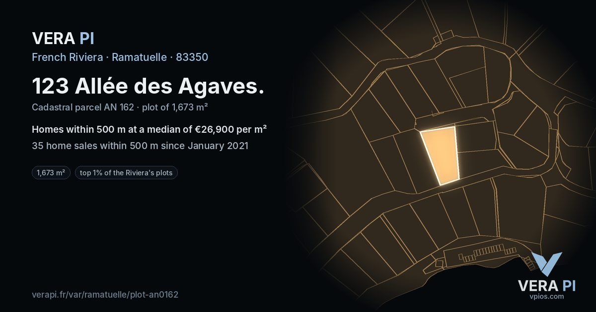 123 Allée des Agaves, Ramatuelle at night – the plot lit, the parcels around coloured by the prices near them