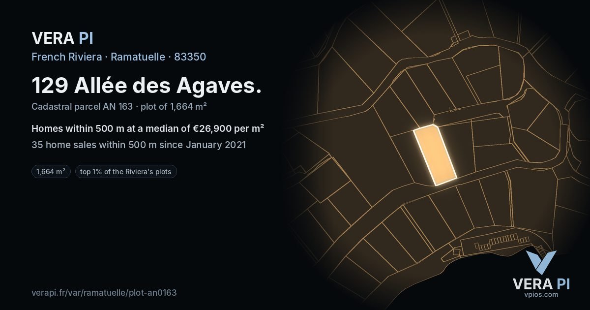 129 Allée des Agaves, Ramatuelle at night – the plot lit, the parcels around coloured by the prices near them
