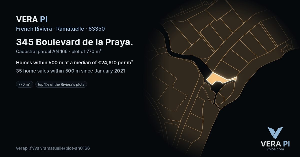 345 Boulevard de la Praya, Ramatuelle at night – the plot lit, the parcels around coloured by the prices near them