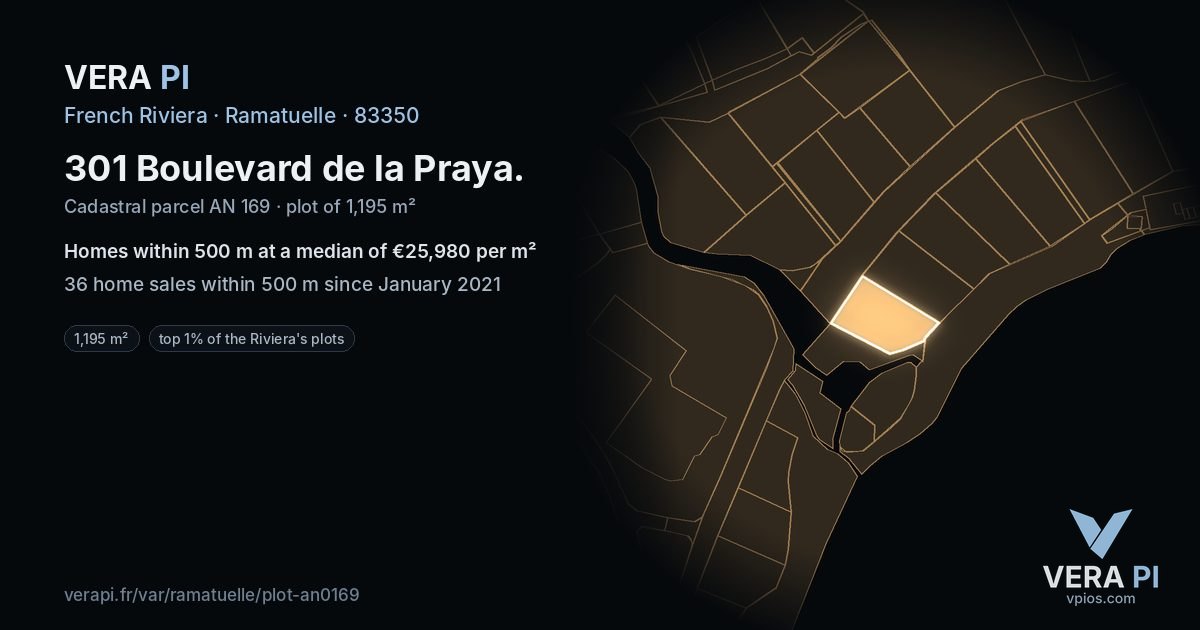 301 Boulevard de la Praya, Ramatuelle at night – the plot lit, the parcels around coloured by the prices near them