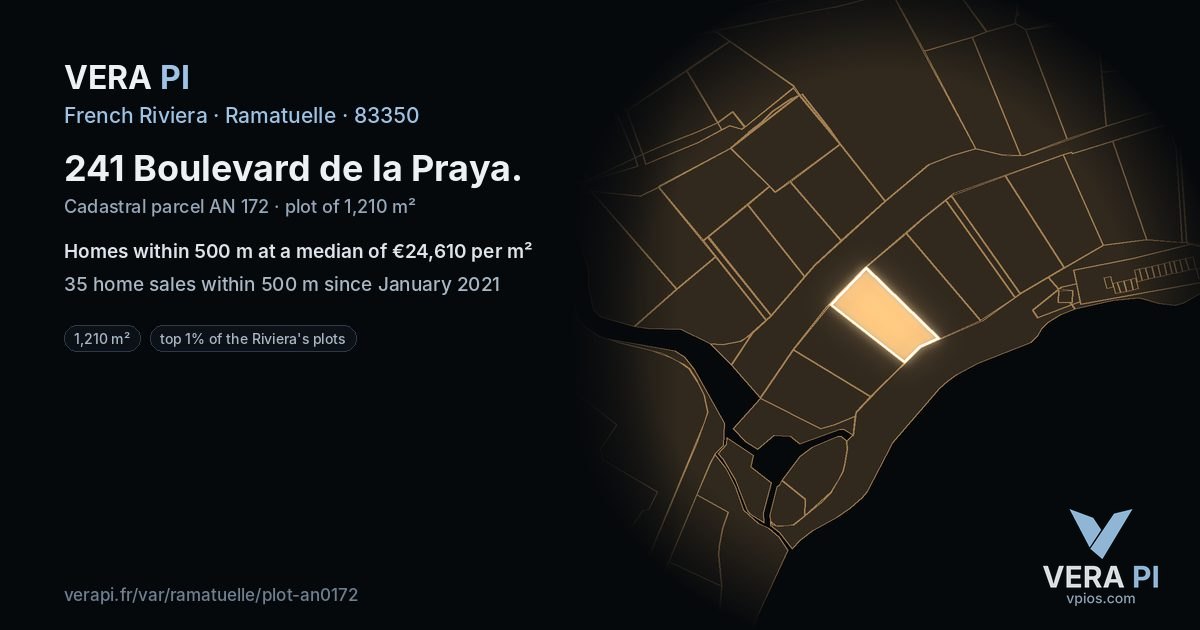 241 Boulevard de la Praya, Ramatuelle at night – the plot lit, the parcels around coloured by the prices near them