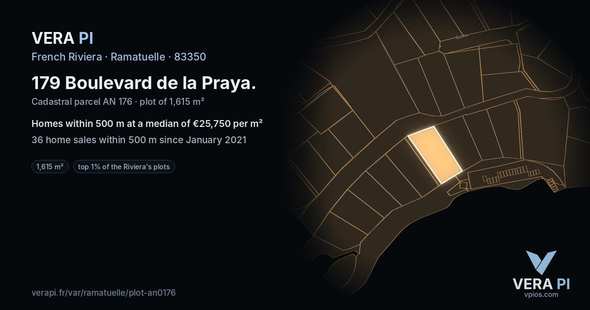 179 Boulevard de la Praya, Ramatuelle at night – the plot lit, the parcels around coloured by the prices near them