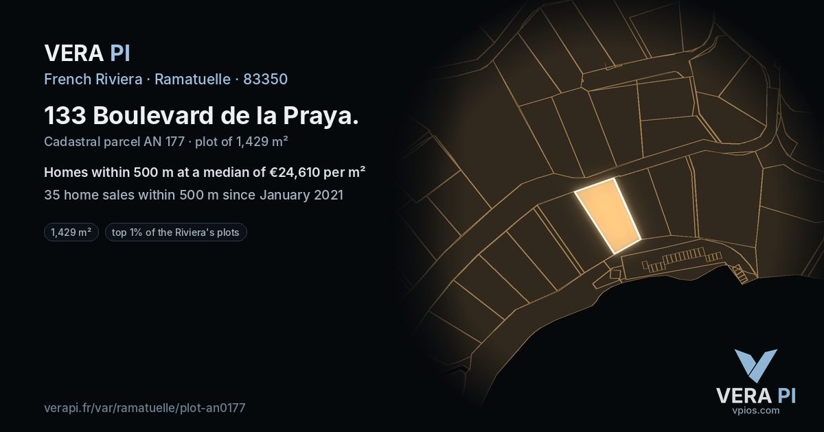 133 Boulevard de la Praya, Ramatuelle at night – the plot lit, the parcels around coloured by the prices near them
