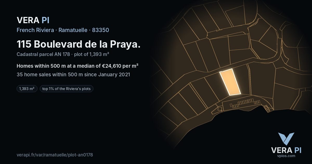 115 Boulevard de la Praya, Ramatuelle at night – the plot lit, the parcels around coloured by the prices near them
