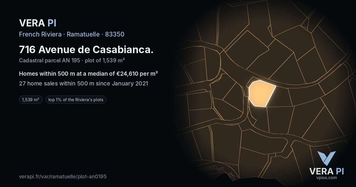 716 Avenue de Casabianca, Ramatuelle at night – the plot lit, the parcels around coloured by the prices near them