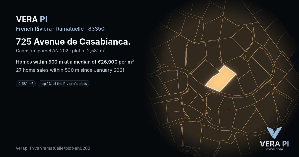 725 Avenue de Casabianca, Ramatuelle at night – the plot lit, the parcels around coloured by the prices near them