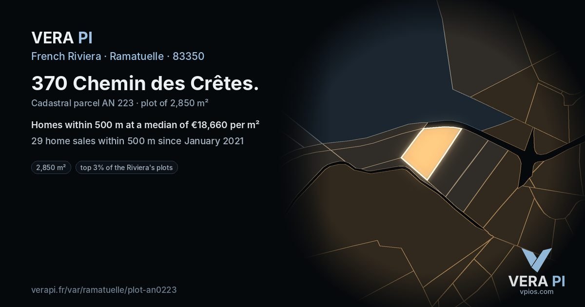 370 Chemin des Crêtes, Ramatuelle at night – the plot lit, the parcels around coloured by the prices near them