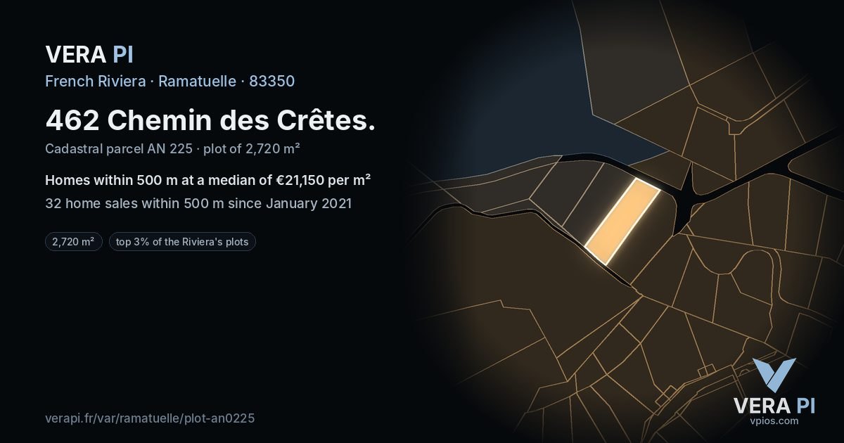 462 Chemin des Crêtes, Ramatuelle at night – the plot lit, the parcels around coloured by the prices near them