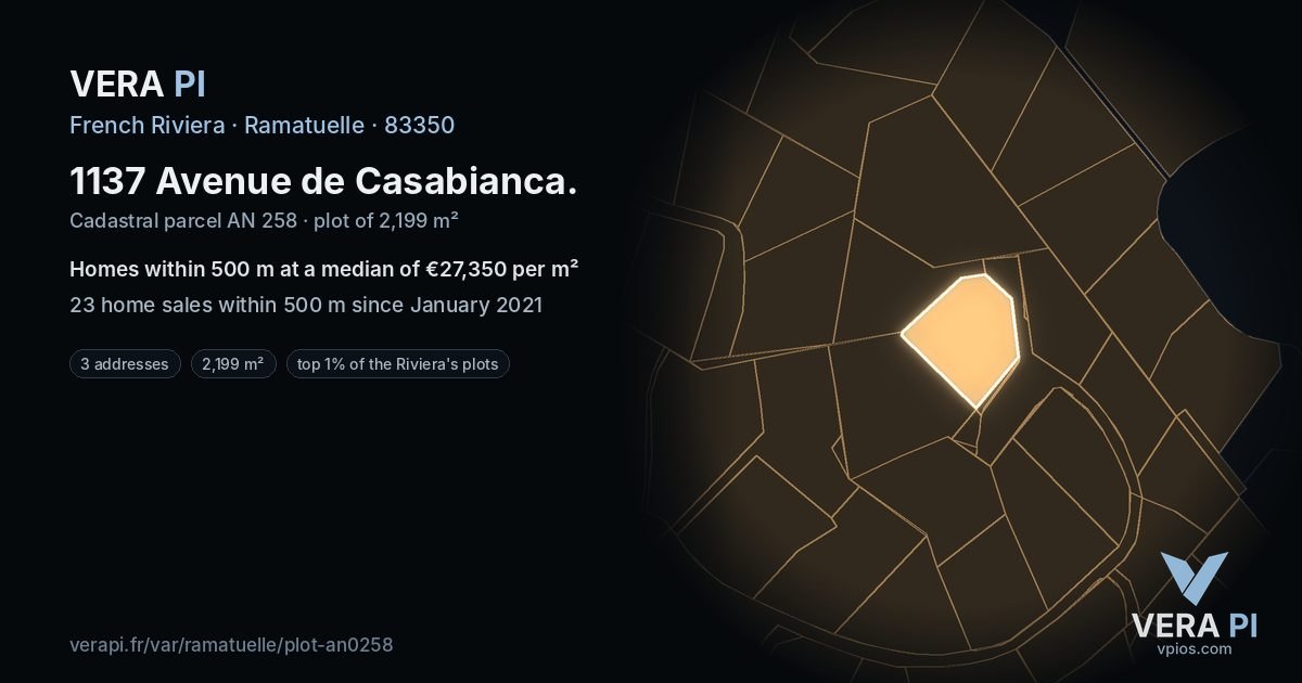 1137 Avenue de Casabianca, Ramatuelle at night – the plot lit, the parcels around coloured by the prices near them