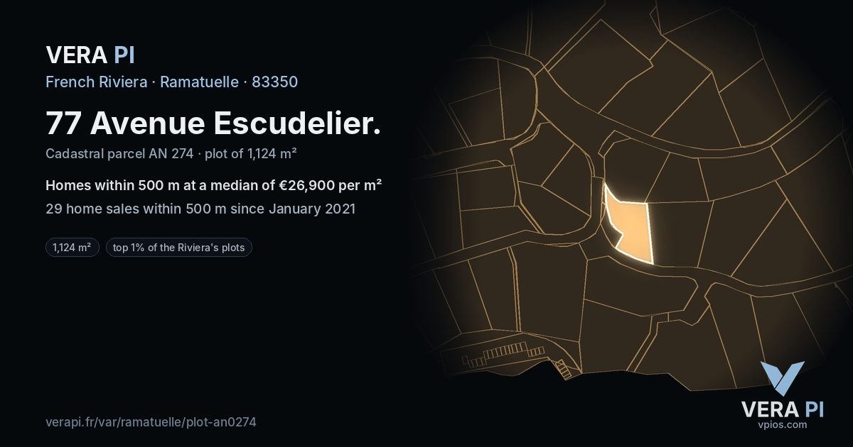77 Avenue Escudelier, Ramatuelle at night – the plot lit, the parcels around coloured by the prices near them