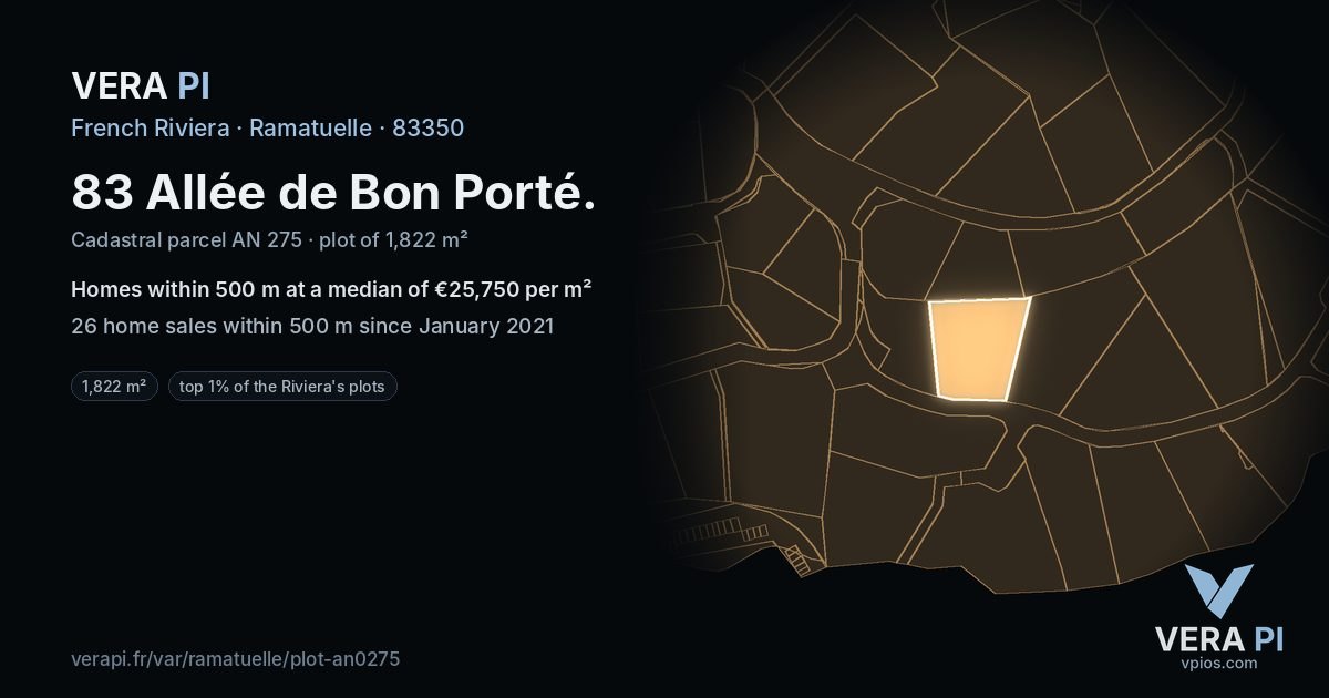 83 Allée de Bon Porté, Ramatuelle at night – the plot lit, the parcels around coloured by the prices near them