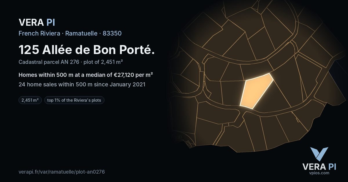 125 Allée de Bon Porté, Ramatuelle at night – the plot lit, the parcels around coloured by the prices near them