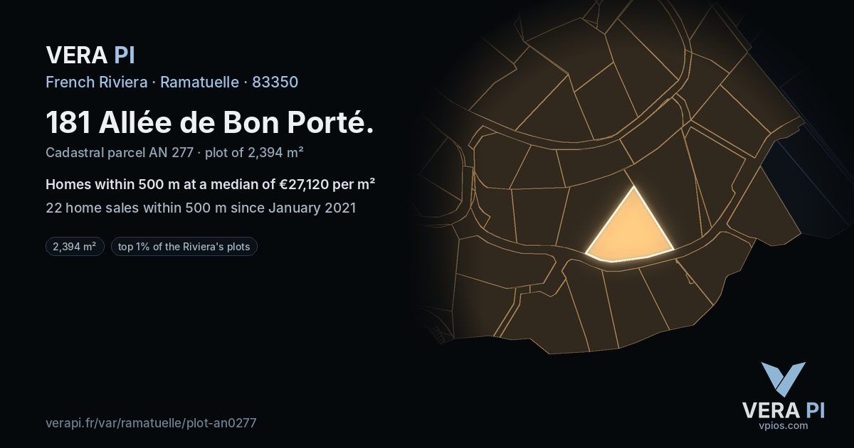 181 Allée de Bon Porté, Ramatuelle at night – the plot lit, the parcels around coloured by the prices near them