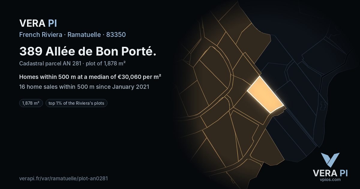 389 Allée de Bon Porté, Ramatuelle at night – the plot lit, the parcels around coloured by the prices near them